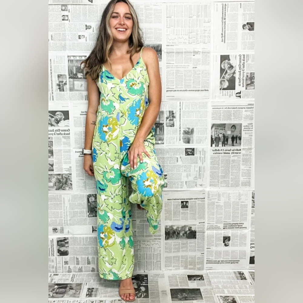 En Creme Floral Jumpsuit in Green and Blue